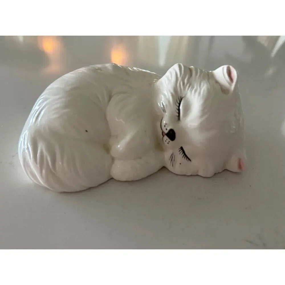 Vintage White Ceramic Sleeping Persian Cat Figurine Cottagecore Kitsch Decor